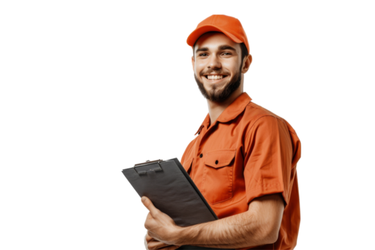 Warehouse worker in uniform smiling cheerfully, holding clipboard, white background