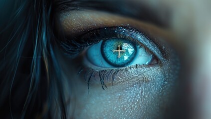 Fototapeta premium A close-up of an eye with the cross symbol reflected in it, symbolizing vision and sight.
