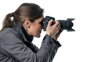 Woman photographer looking through the camera viewfinder Isolated on white background