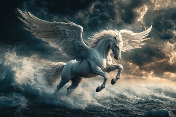 Fototapeta premium Elegant Pegasus with Outstretched Wings Flying Against a Stormy Backdrop, Capturing the Essence of Heroic Legends and Mythical Adventure, ai