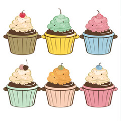 Colorful cartoon cupcakes topped various frosting cherries. Decorative cupcakes brown, yellow, blue, teal, peach, pink cups isolated white background. Whimsical graphic design bakery, dessert