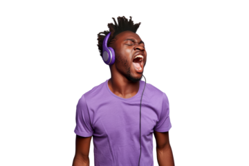 Young ethnic man in a purple t-shirt and headphones, singing along, Isolated on white background