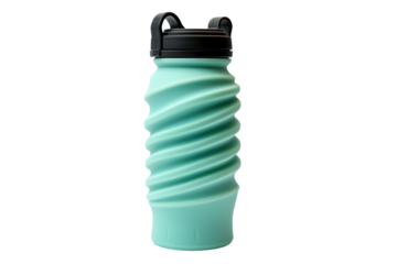 collapsible silicone water bottle that can be easily folded up for storage, isolated on a white background.