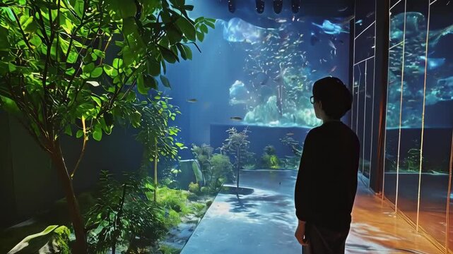 A young Asian man in a black shirt and pants observes an indoor forest exhibit bathed in bright lights. The exhibit features various green plants and trees, creating a serene atmosphere. It appears