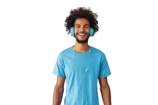 Young ethnic man wearing a blue t-shirt and headphones, smiling, Isolated on white background