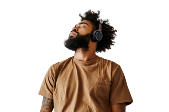 Young ethnic man with a beard wearing a brown t-shirt and headphones, enjoying music, Isolated on white background