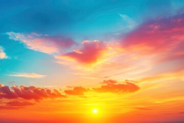 Fantasy vibrant panoramic sunset sky - Gradient rich colors - ethereal dreamy summer sunset or sunrise sky. Uplifting and peaceful sky. - blue, orange, yellow vibrant rich colors, ai