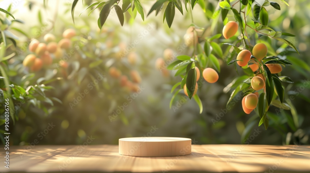 Poster An empty round podium in the center on a background of mango plants.