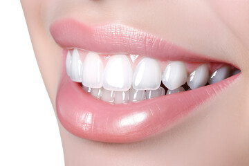 close-up shot of gleaming enamel teeth, isolated on white background