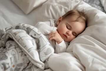 A baby is sleeping on a bed with a blanket that has elephants on it. The baby is laying on its back with its hands on its face