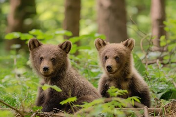 Fototapeta premium Two baby bears are sitting in the forest. They are looking at the camera