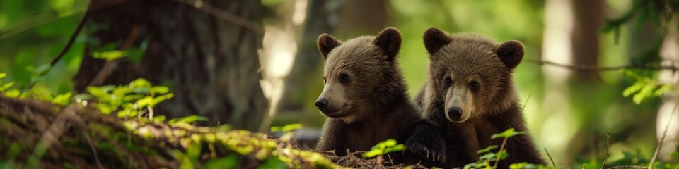 Obraz premium Two baby bears are sitting on a leafy green forest floor. The bears are looking at the camera