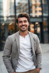 Obraz premium A man is smiling and wearing a white shirt and a gray jacket. He is standing in front of a building