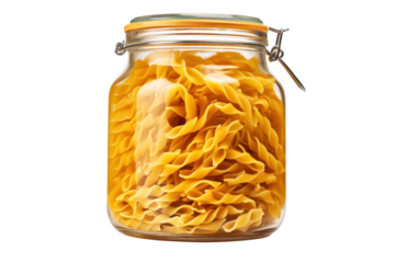 close-up shot of a glass jar filled with fresh pasta, droplets of water clinging to the sides, isolated on white background