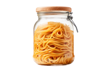close-up shot of a glass jar filled with fresh pasta, droplets of water clinging to the sides, isolated on white background
