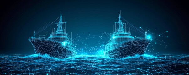 Wireframe illustration of maritime vessels in digital ocean background