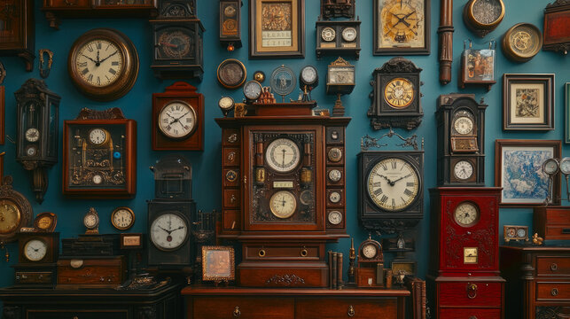 Depict a range of clocks, including antique grandfather clocks, elegant pocket watches, modern digital clocks, classic wall clocks, and whimsical cuckoo clocks, 