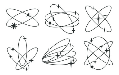 Oval y2k frames. Abstract minimalist outline shapes with stars and sparkles, modern geometric retro frames flat vector illustration set. Trendy Y2K aesthetic frames