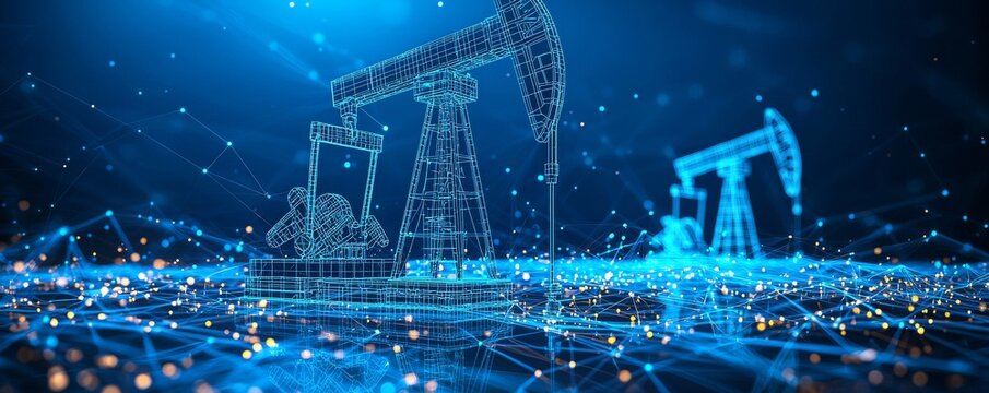 Wireframe oil pumps in a digital landscape, representing advanced energy technology and data integration - Powered by Adobe