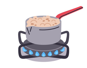 Saucepan on gas stove. Delicious boiling porridge in pot, hot tasty dish on gas cooker, food preparing flat vector illustration. Breakfast or lunch or dinner cook on stove