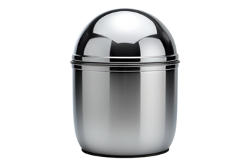 classic round metal trash can with a dome-shaped lid, isolated on a pristine white background.