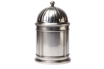 classic round metal trash can with a dome-shaped lid, isolated on a pristine white background.