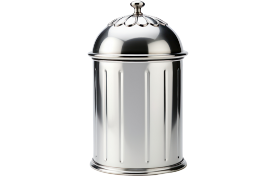 classic round metal trash can with a dome-shaped lid, isolated on a pristine white background.