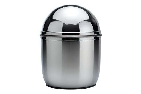 classic round metal trash can with a dome-shaped lid, isolated on a pristine white background.
