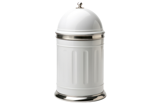 classic round metal trash can with a dome-shaped lid, isolated on a pristine white background.
