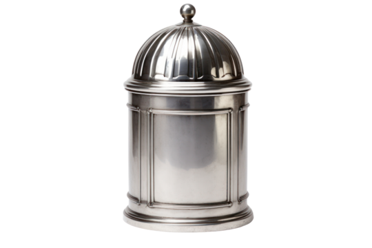 classic round metal trash can with a dome-shaped lid, isolated on a pristine white background.