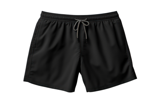 classic black men's swim trunk with a drawstring closure, isolated on a white background.