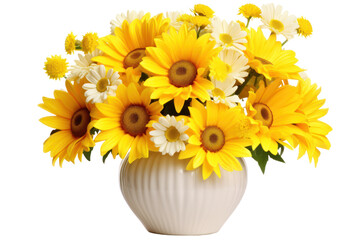 Obraz premium cheerful arrangement of daisies and sunflowers in a yellow vase, isolated on white background