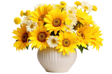 cheerful arrangement of daisies and sunflowers in a yellow vase, isolated on white background