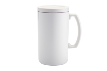 ceramic travel mug with a handle and a tight-fitting lid, isolated on a white background.