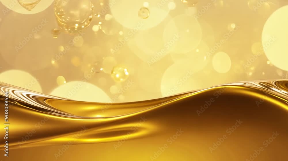 Poster golden liquid waves with bokeh in slow motion generative ai