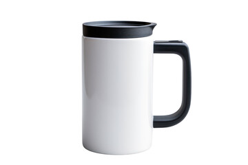 ceramic travel mug with a handle and a tight-fitting lid, isolated on a white background.