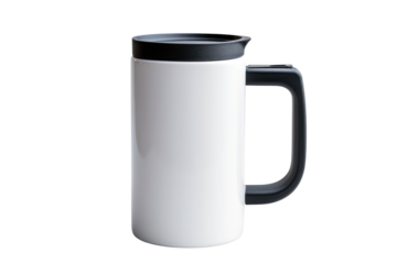 ceramic travel mug with a handle and a tight-fitting lid, isolated on a white background.