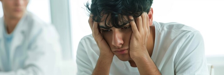 Young man in a therapy session feeling emotionally distressed
