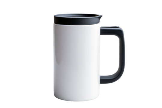 ceramic travel mug with a handle and a tight-fitting lid, isolated on a white background.