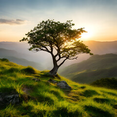 Fototapeta premium Single tree, Single tree on a grass, hill with blue sky background and sunshine, tree with mountain natural landscape 