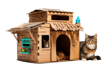 cat house made from recycled materials, such as cardboard boxes or plastic bottles, promoting sustainability and eco-friendliness. Isolated on white background