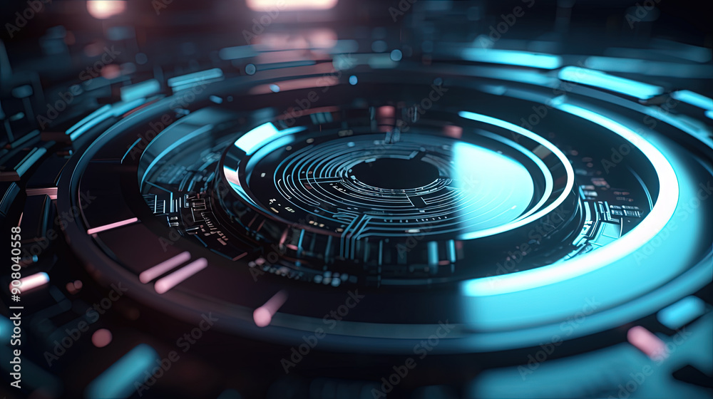 Poster Technology abstract background with hud styled round interface elements in neon tech light.