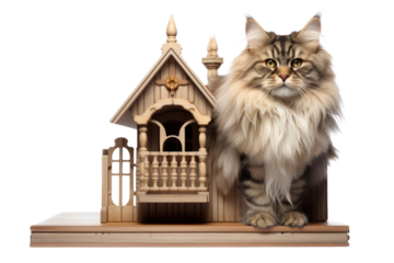 cat house designed for specific cat breeds, such as Maine Coons or Persians, considering their unique size and needs. Isolated on white background