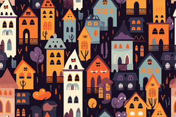 Spooky Halloween Seamless Pattern with Eerie Faces and Haunted Houses in Vibrant Colors