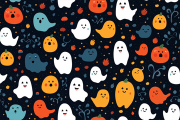 Vibrant Seamless Halloween Pattern with Playful Pumpkins and Spooky Ghosts in Flat Design