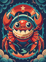 Cartoon Crab with Star and Circular Patterns