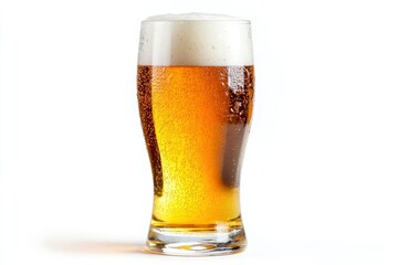 Glass of cold beer with foam, bubbles in drink, isolated on white background, ai