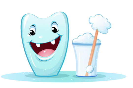 cartoon illustration of a toothbrush and toothpaste tube next to a set of shining teeth, isolated on white background