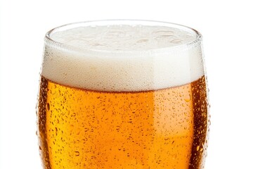 Glass of cold beer with foam, bubbles in drink, isolated on white background, ai