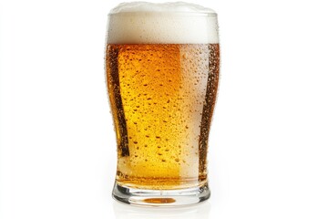 Glass of cold beer with foam, bubbles in drink, isolated on white background, ai